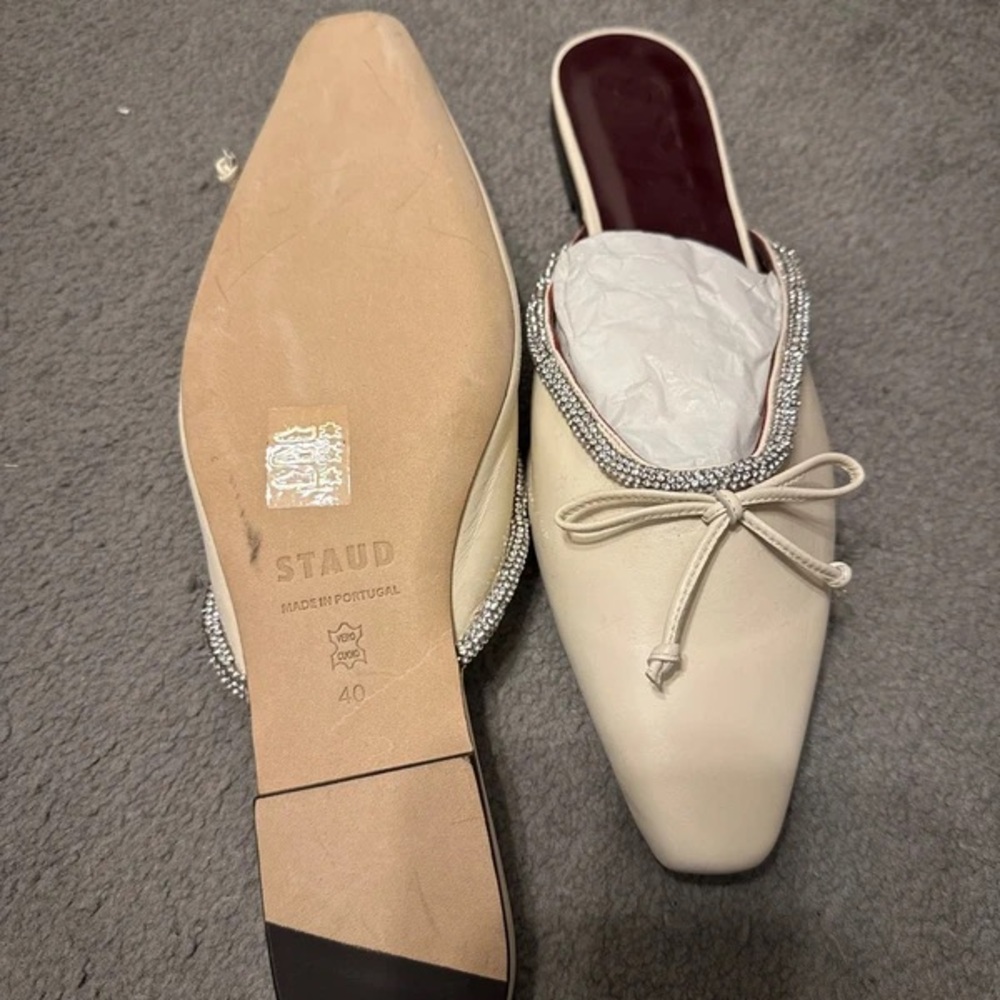 STAUD Ivory Mules with Sparkling Trim